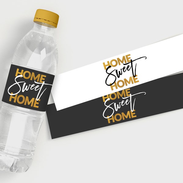 Home Sweet Home - Housewarming Water Bottle Labels - Black-White & Gold - Printable PDF, Instant Download - #GFC