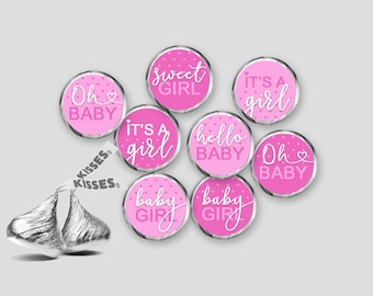 Baby Shower Hershey Kisses Labels - Pink Hearts Baby Girl Kisses Stickers - DIY Print, Printable PDF, Instant Download