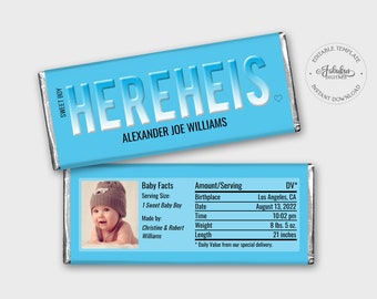HEREHEIS - Birth Announcement Photo Candy Bar Wrapper, Baby Boy Chocolate Label - Editable Template, Instant Download