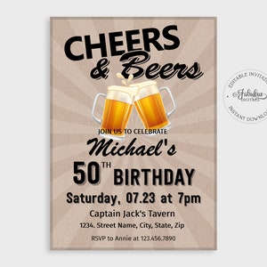 Invito per il 50° compleanno, invito di compleanno Cheers & Beers, modello modificabile, invito stampabile, download immediato