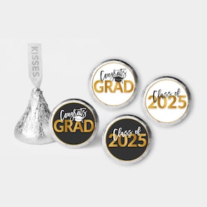 Etiquetas de besos de Hershey para graduación, envoltorios de caramelos de la clase de 2025, en blanco, negro y dorado, PDF imprimible, descarga instantánea - #GFC