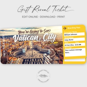 Biglietto di viaggio per la Città del Vaticano, biglietto regalo per Roma, biglietto aereo personalizzato, carta d'imbarco per Roma / stampa fai da te, modello modificabile