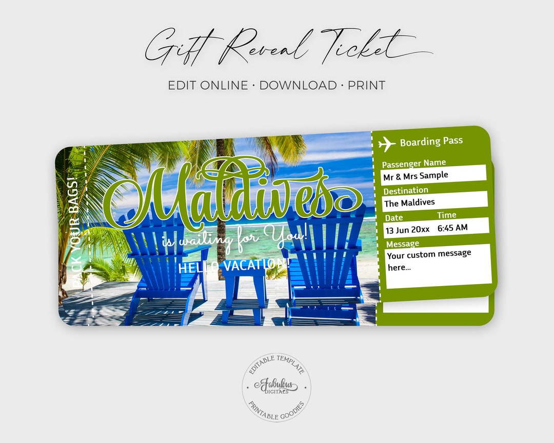 Maldives Travel Ticket, Maldives Gift Ticket, Airplane Ticket Green