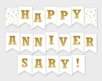 Happy Anniversary Printable Banner - Gold Party Banner - Printable PDF, DIY Print, Instant Download - #GDS