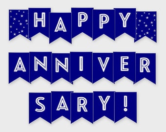Happy Anniversary Printable Banner, Navy & Silver - Anniversary Party - Printable PDF, DIY Print, Instant Download - #GWR