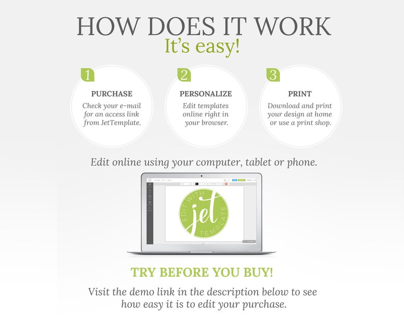 Op de afbeelding: Een groene en witte illustratie van een laptopscherm met een ontwerptemplate met de tekst "Edit with Jet Templates". De afbeelding toont een drietraps proces voor het maken van een ontwerp: kopen, personaliseren en printen. De tekst "Hoe werkt het? Het is gemakkelijk!" staat bovenaan de afbeelding.