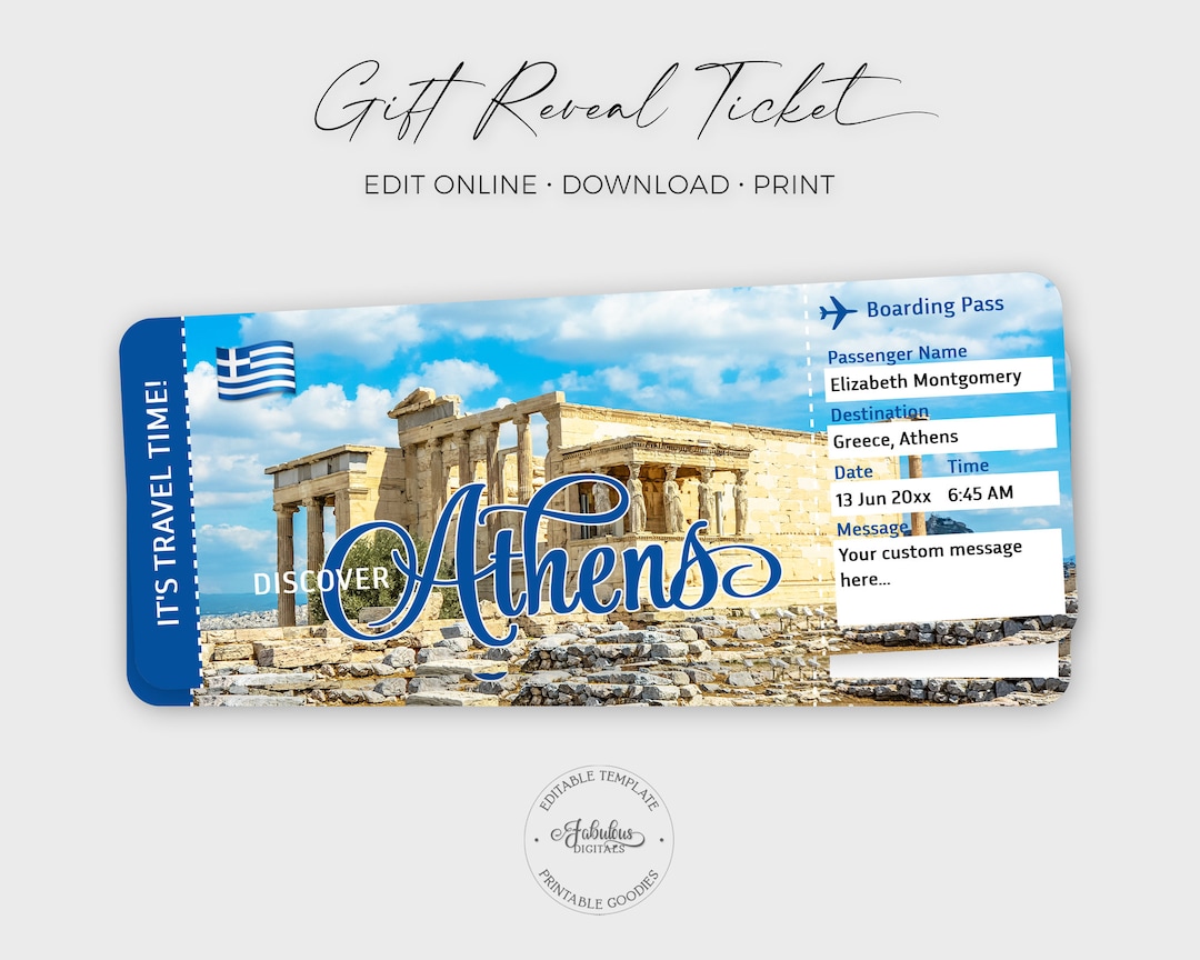 Athens Travel Ticket, Greece Gift Ticket, Custom Airplane Ticket, Athens Boarding Pass / DIY