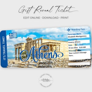 Billet de voyage pour Athènes, billet-cadeau pour la Grèce, billet d'avion personnalisé, carte d'embarquement pour Athènes / impression DIY, modèle modifiable