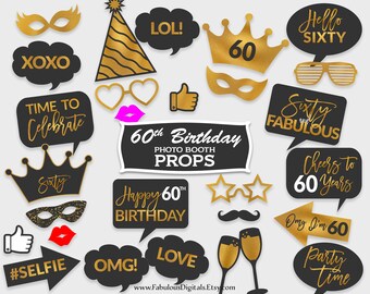 60th Birthday Photo Booth Props / Birthday Party Props / Black & Gold Foil / Printable PDF, Instant Download - #GFC