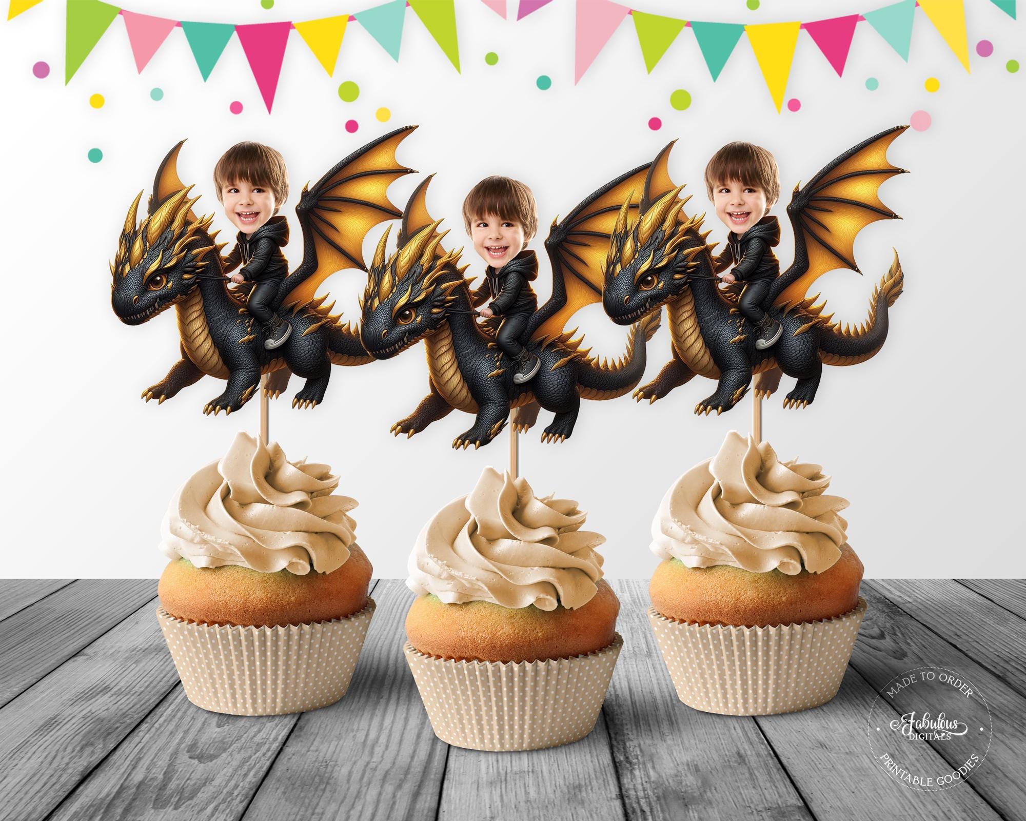 ドラゴンカスタムフォトフェイスカップケーキトッパー、ブラック