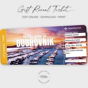 Dubrovnik Travel Ticket, Dubrovnik Gift Ticket, Dubrovnik Airplane Ticket, Croatia Boarding Pass / DIY Print, Editable Template