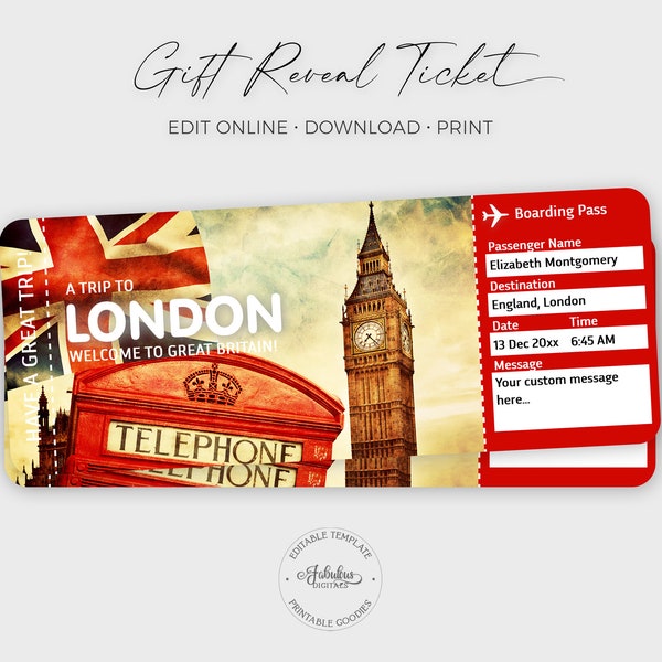 Billet de voyage pour Londres, carte d'embarquement pour Londres, billet cadeau personnalisé, Big Ben et cabine téléphonique / impression DIY, modèle modifiable