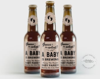 A Baby Is Brewing, Pregnancy Announcement Beer Label, Kraft Style - Editable Template, Instant Download, DIY Print