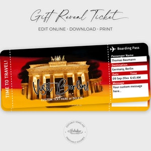 Berlin Travel Ticket, Berlin Gift Ticket, Custom Airplane Ticket, Berlin Boarding Pass / DIY Print, Editable Template