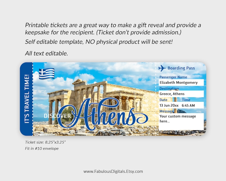 Athens Travel Ticket Greece Gift Ticket Custom Airplane Etsy