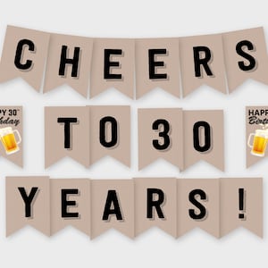 Cheers to 30 Years! Birthday Party Banner, Cheers & Beers - Birthday Party Decoration - Printable PDF, Instant Download