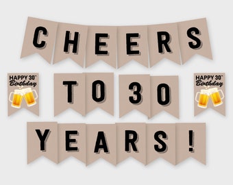 Cheers to 30 Years! Birthday Party Banner, Cheers & Beers - Birthday Party Decoration - Printable PDF, Instant Download