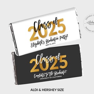 Graduation Candy Bar Wrapper, Class of 2025, Custom Chocolate Label - Black-White & Gold Foil, Editable Template - #GFC