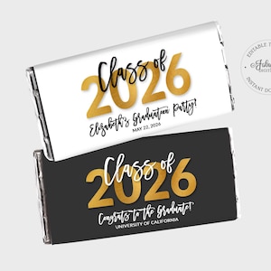 Graduation Candy Bar Wrapper, Class of 2026, aangepast chocoladelabel - zwart-wit en goudfolie, bewerkbare sjabloon - #GFC afbeelding 1