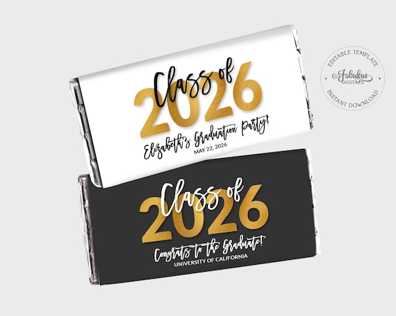 Graduation Candy Bar Wrapper, Class of 2026, Custom Chocolate Label - Black-White & Gold Foil, Editable Template - #GFC