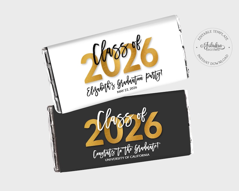 Graduation Candy Bar Wrapper, Class of 2026, aangepast chocoladelabel - zwart-wit en goudfolie, bewerkbare sjabloon - #GFC afbeelding 1