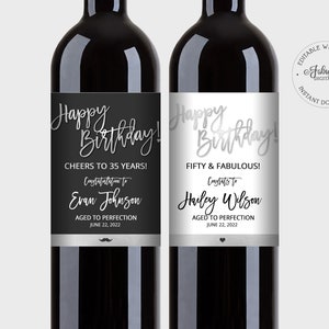 Happy Birthday Wine Labels, Black-White & Silver Foil Wine Labels - Editable Template, Instant Download - #SFC
