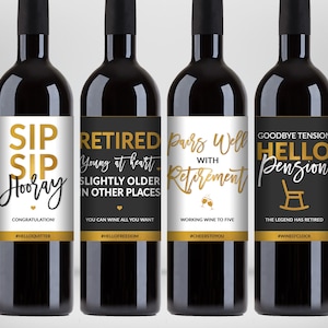 Retirement Party Wine Labels (set of 4) - Black-white & Gold Foil ...