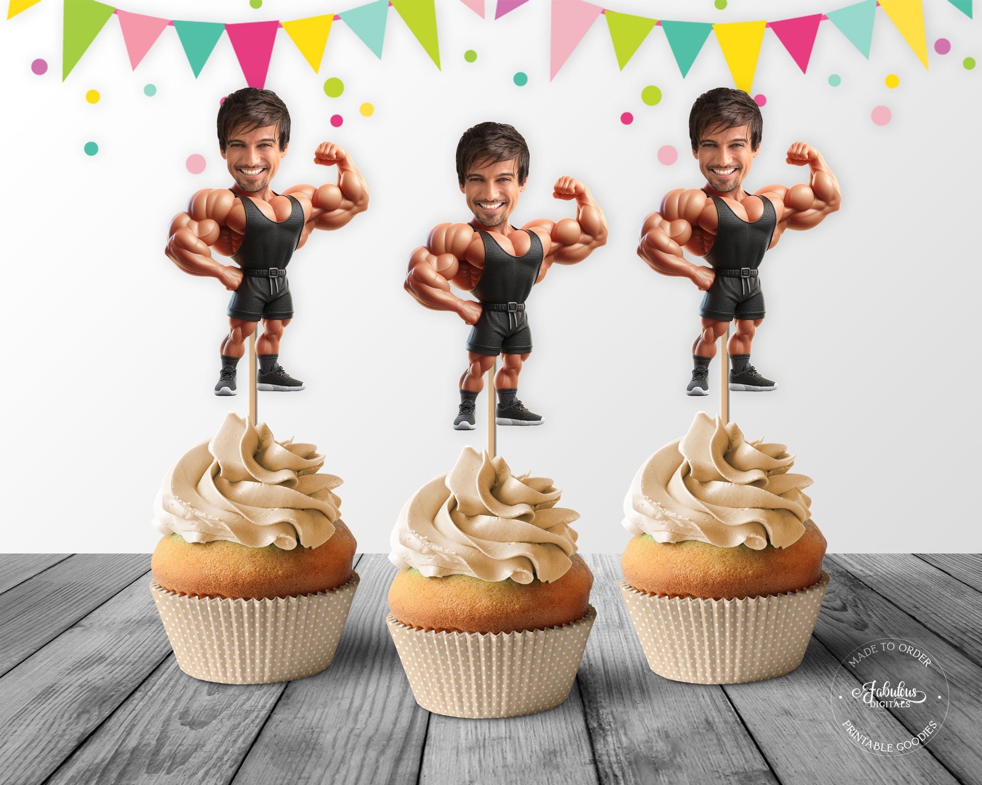 Body Builder Custom Photo Face Cupcake Topper, Personalized Body Builder Birthday Cupcake Toppers - Digital File, DIY Print