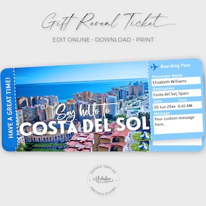 Billet de voyage Costa del Sol, billet cadeau Costa del Sol, vacances Costa del Sol, billet de voyage Espagne / impression DIY, modèle modifiable