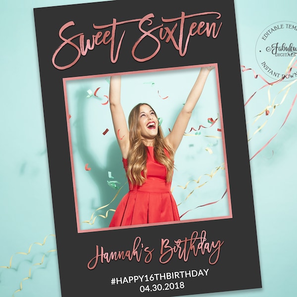 Sweet Sixteen, 16th Birthday Photo Booth Frame / Black & Rose Foil / Editable Template, Instant Download - #RFC