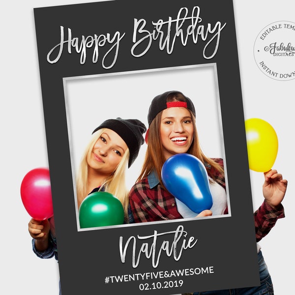 Happy Birthday Photo Booth Frame / Black & Silver Foil / Editable Template, Instant Download - #SFC