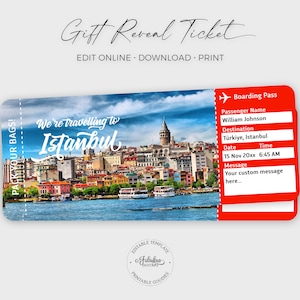 Istanbul Travel Ticket, Istanbul Bordkarte, Überraschungsgeschenk, Türkei Flugticket / DIY Print, bearbeitbare Vorlage