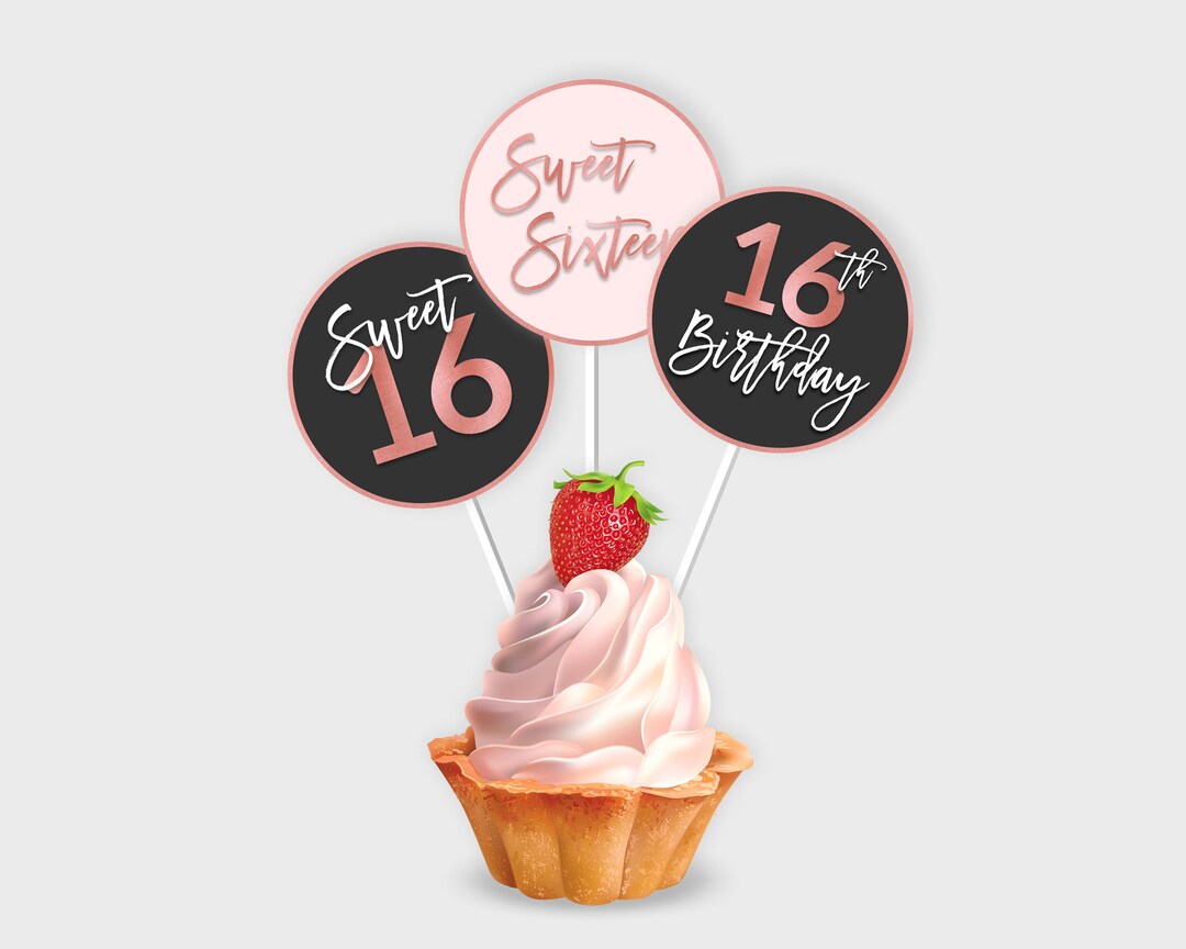 Paquete De 30 Adornos Para Cupcakes De 16 Cumpleaños - Con Purpurina Negra, Ideales Para Decorar Tartas Y Postres