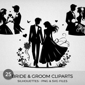 Cliparts de Silhouette des mariés, 25 fichiers PNG et SVG, haute qualité, impression ou utilisation numérique, lot 1, téléchargement immédiat, CU4CU