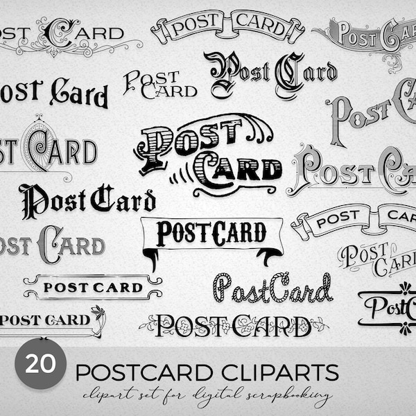 Vintage PostCard Design Elements, Postcard Overlay, Word Arts, Clip Arts, Print or Digital Scrapbooking - Instant Download, CU4CU