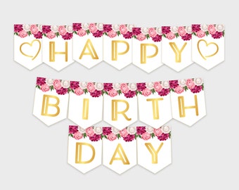 Happy Birthday Printable Banner - Birthday Party Decoration - Beautiful Peonies - Printable Digital File, DIY Print / Instant Download