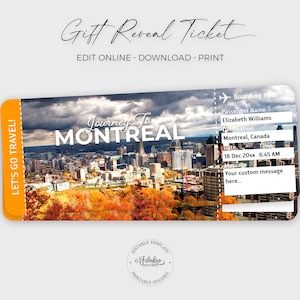 Billet de voyage Montréal, billet cadeau Montréal, paysage urbain de Montréal, Canada carte d'embarquement / impression DIY, modèle modifiable