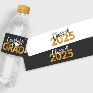 Graduation Water Bottle Labels, Class of 2025 - Black-White & Gold - Printable PDF, DIY Print, Instant Download - #GFC