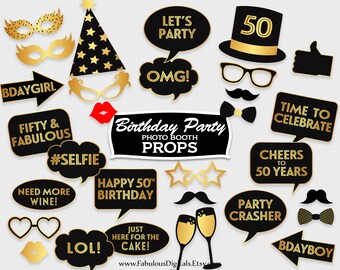 50th Birthday Photo Booth Props, Black & Gold / Photo Booth Party Props / Printable PDF, Instant Download - #GWR