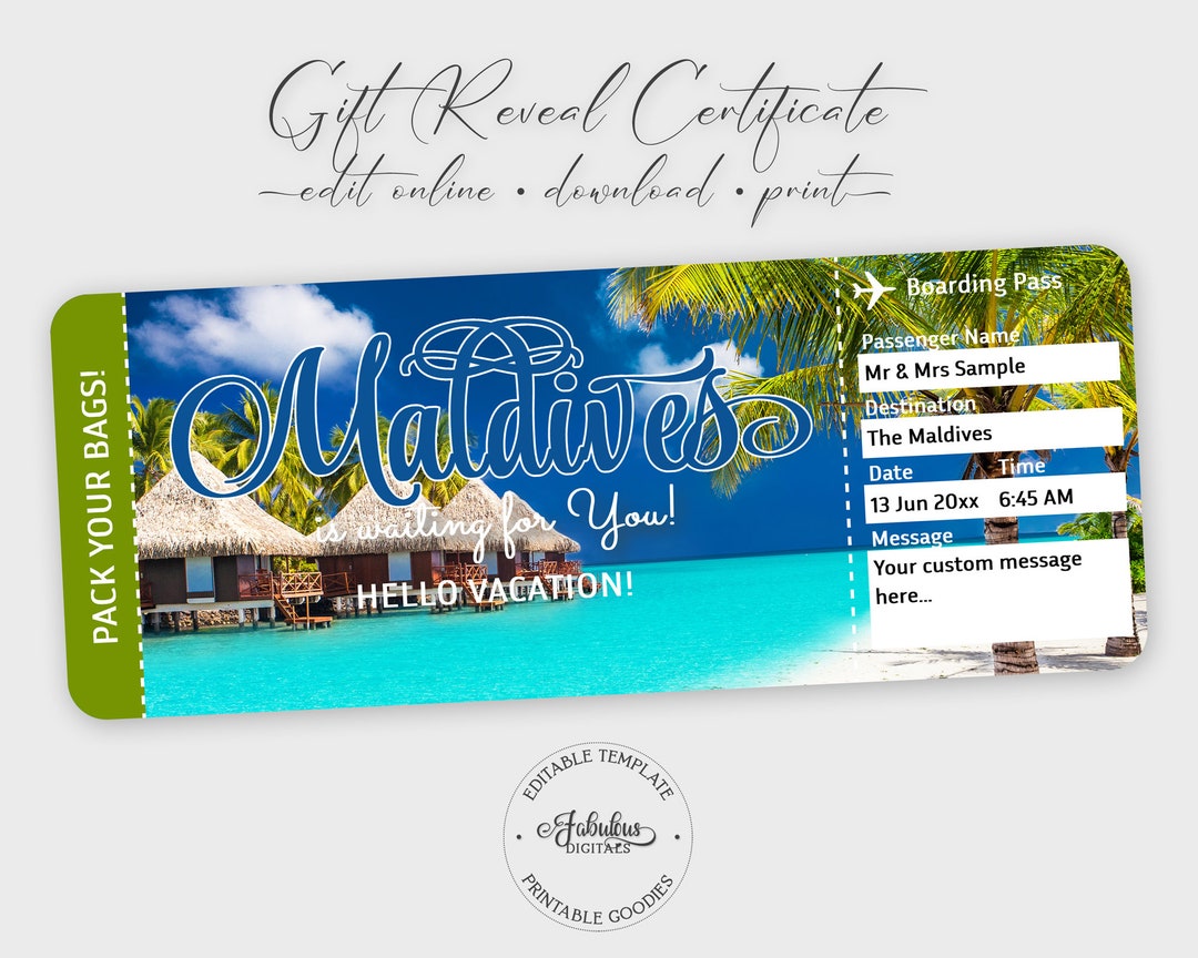 Maldives Travel Ticket Maldives Gift Ticket Airplane Ticket - Etsy