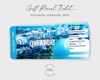 Orlando Travel Ticket, Orlando Gift Ticket, Orlando Vacation Ticket, Orlando Boarding Pass / DIY Print, bewerkbare sjabloon