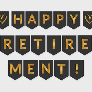 Happy Retirement Printable Banner / Black & Gold Foil Flags / Printable PDF, DIY Print, Instant Download - #GFC