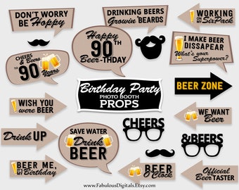 90th Birthday Photo Booth Props / Cheers & Beers Birthday Party Props / DIY Print, Printable PDF, Instant Download