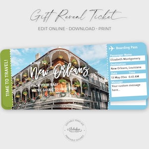Bilhete de viagem para Nova Orleans, bilhete de presente para Nova Orleans, cartão de embarque para Nova Orleans / impressão DIY, modelo editável
