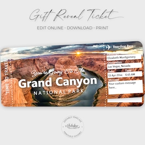 Grand Canyon Travel Ticket, Custom Airplane Ticket, Grand Canyon Gift Ticket / DIY Print, Editable Template