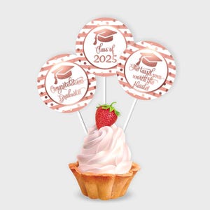 Graduation Cupcake Toppers, Class of 2025 / Rose Gold & White, Stripes and Dots - DIY Print, Instant Download - #GSR