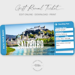 Billete de viaje a Salzburgo, billete de regalo para el castillo de Salzburgo, tarjeta de embarque personalizada para Salzburgo, plantilla editable