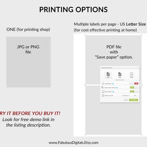 Op de afbeelding: Een digitale illustratie die de verschillende bestandstypen laat zien die beschikbaar zijn voor het afdrukken van labels. De opties omvatten JPG, PNG en PDF. De PDF-bestandsoptie bevat een "Papier besparen"-optie, waarmee meerdere labels per pagina kunnen worden afgedrukt. De tekst "TRY IT BEFORE YOU BUY IT!" wordt weergegeven met een link naar een gratis demo in de beschrijving van de vermelding. De tekst "www.FabulousDigitals.Etsy.com" wordt onderaan de afbeelding weergegeven.