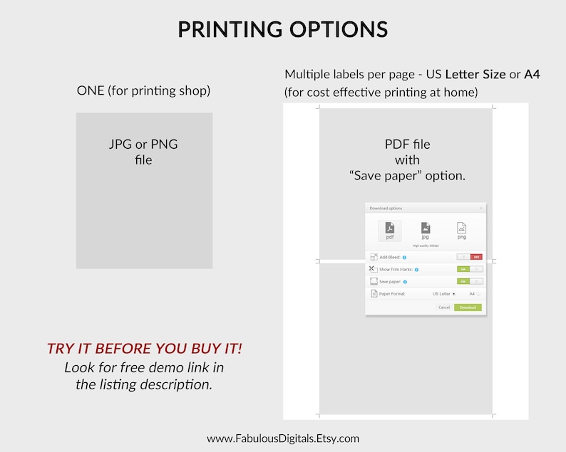 Op de afbeelding: Een digitale illustratie die de verschillende bestandstypen laat zien die beschikbaar zijn voor het afdrukken van labels. De opties omvatten JPG, PNG en PDF. De PDF-bestandsoptie bevat een "Papier besparen"-optie, waarmee meerdere labels per pagina kunnen worden afgedrukt. De tekst "TRY IT BEFORE YOU BUY IT!" wordt weergegeven met een link naar een gratis demo in de beschrijving van de vermelding. De tekst "www.FabulousDigitals.Etsy.com" wordt onderaan de afbeelding weergegeven.