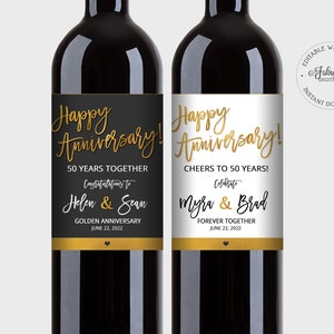 Etiquetas de vino con motivo de feliz aniversario, etiquetas de vino con láminas de oro, blanco y negro: plantilla editable, descarga instantánea - #GFC